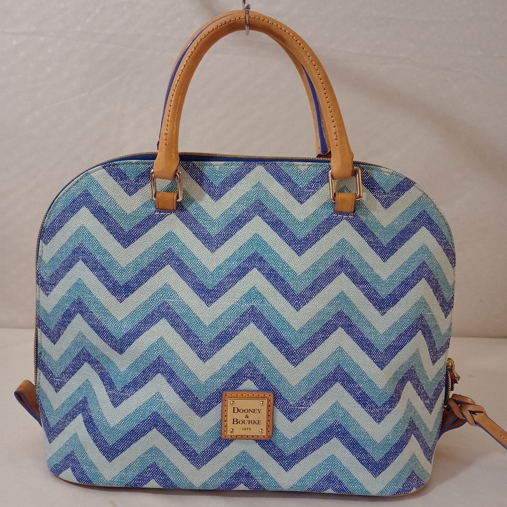 Dooney & Bourke Blue Chevron Satchel with Tan Leather Trim